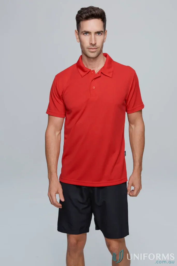 Red Polo Shirt and Black Shorts from Botany Polo fabric, great for uniforms or workwear