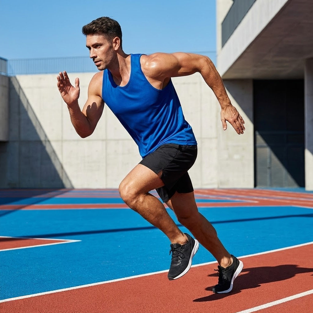 Man running in Botany Singlet tank top on outdoor track