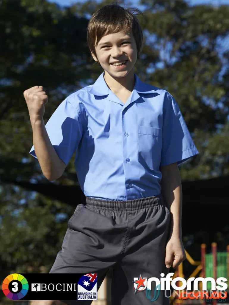 Young boy in light blue short sleeve school shirt and dark gray shorts