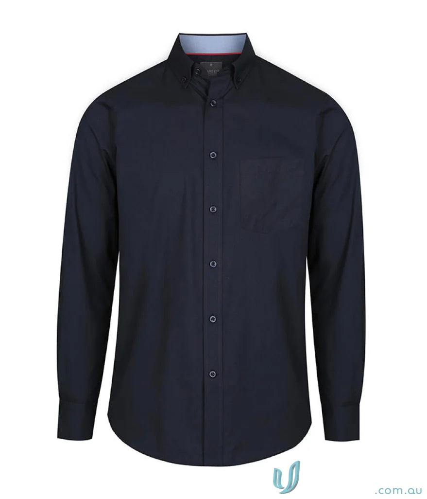 Bradford Fine Oxford LS Shirt in dark navy blue with classic collar and chest pocket