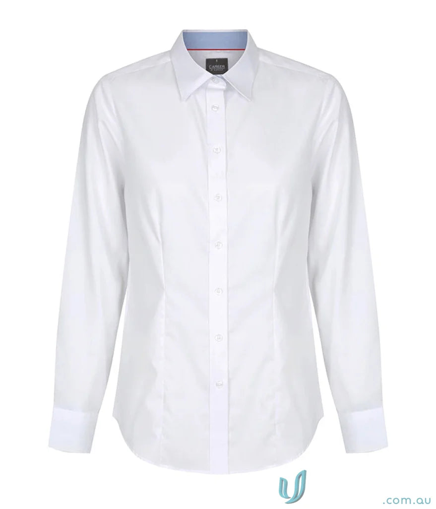 White womens fine oxford silk protein shirt with blue and pink lined collar