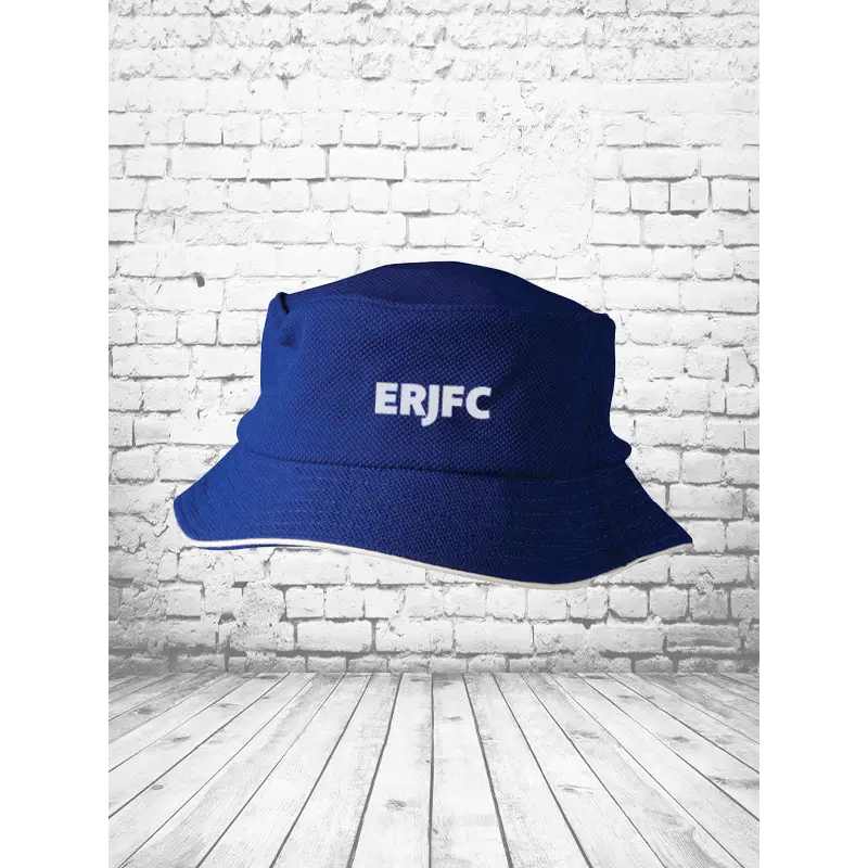 Navy blue bucket hat with white embroidered erjfc logo perfect for uniforms and casual workwear look