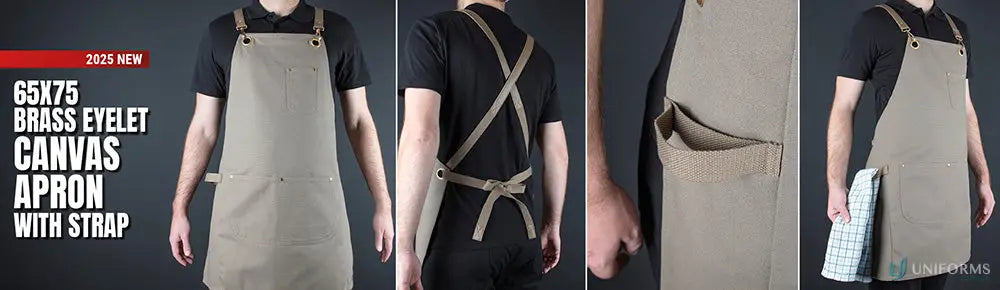 Beige eyelet canvas apron with brass eyelets and cross-back straps for the ultimate canvas apron look