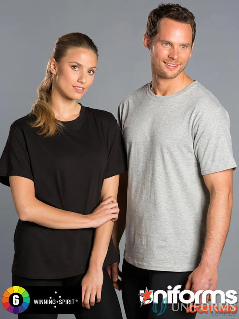Two people wearing plain Braybrook Unisex Tee, the perfect budget unisex tee option