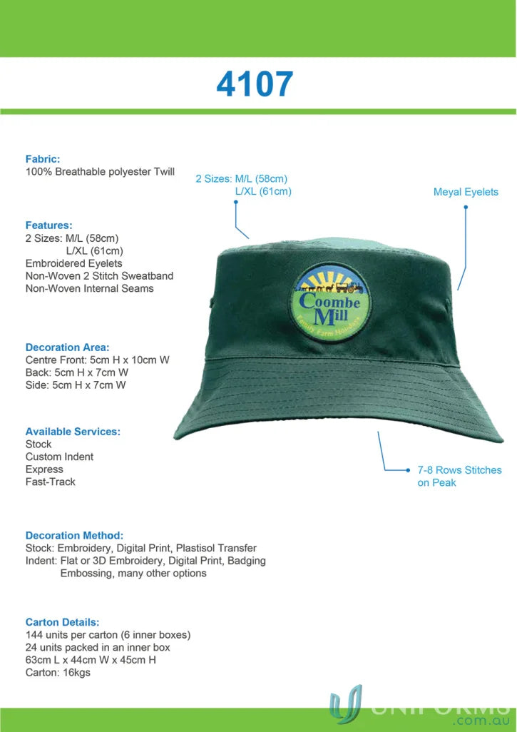 Green bucket hat with Coombe Mill patch, perfect for workwear or uniforms FAQ link