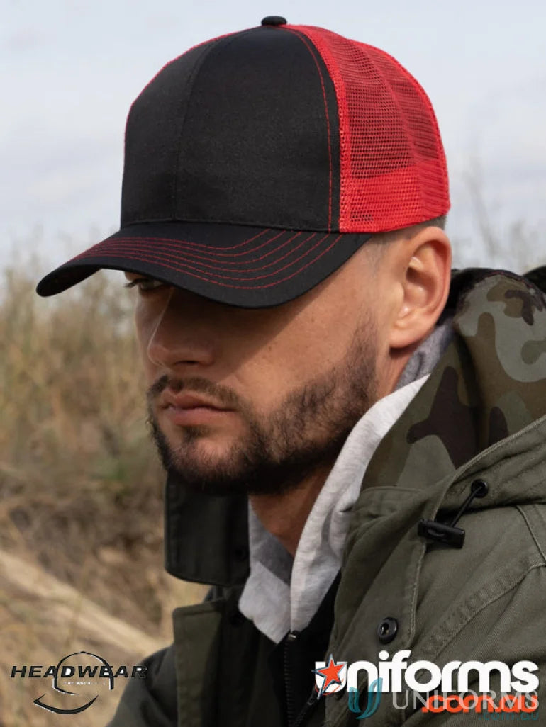 Black and red trucker hat from Breathable Poly Twill workwear with mesh back, perfect for uniforms