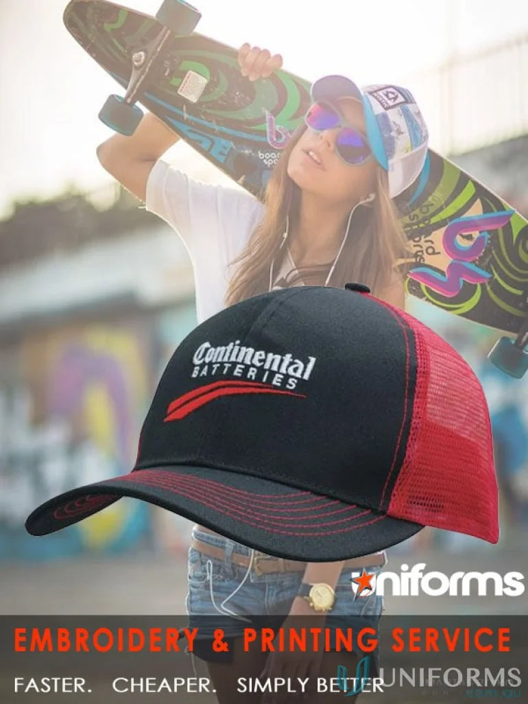 Black and red trucker hat made of breathable poly twill with mesh back, perfect for uniforms or workwear FAQs link included