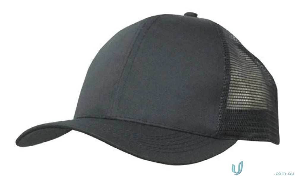 Black trucker hat from Breathable Poly Twill Workwear, perfect for uniforms FAQ link