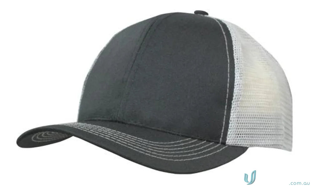 Gray and white trucker hat from Breathable Poly Twill with Mesh Back, perfect for workwear or uniforms