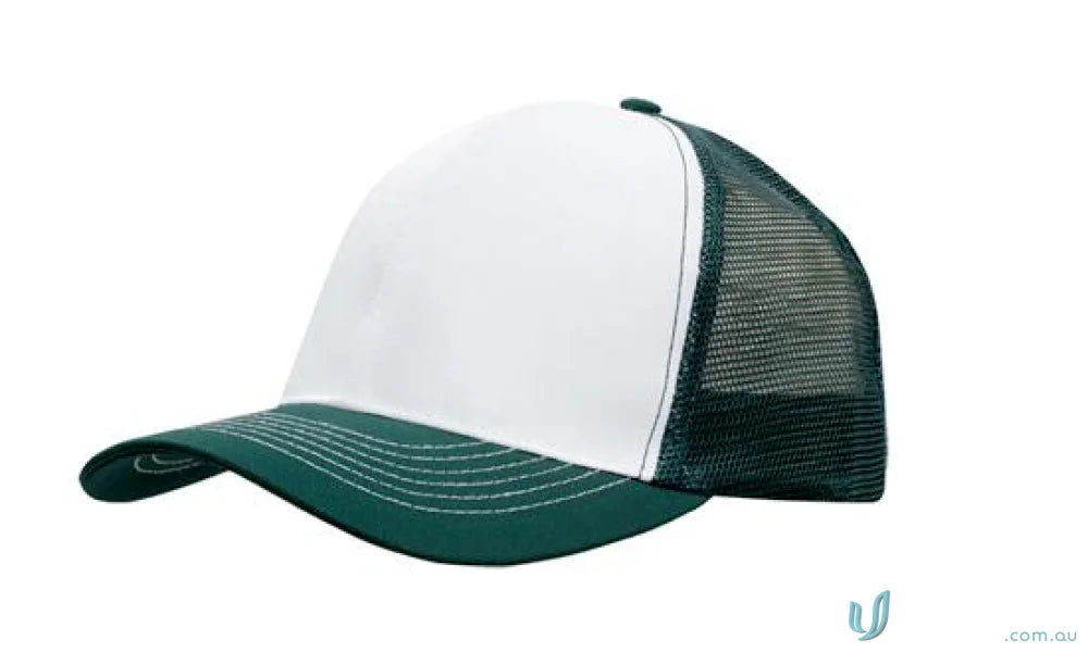 Green and white trucker hat from Breathable Poly Twill With Mesh Back, great for uniforms or workwear FAQs
