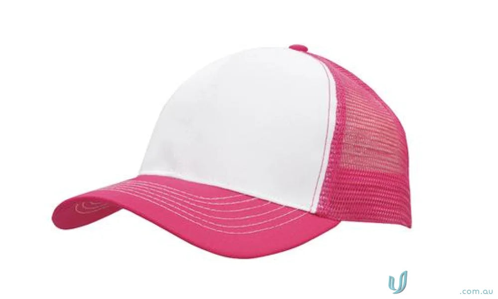 Pink and white trucker hat from Breathable Poly Twill workwear, perfect for uniforms FAQs link