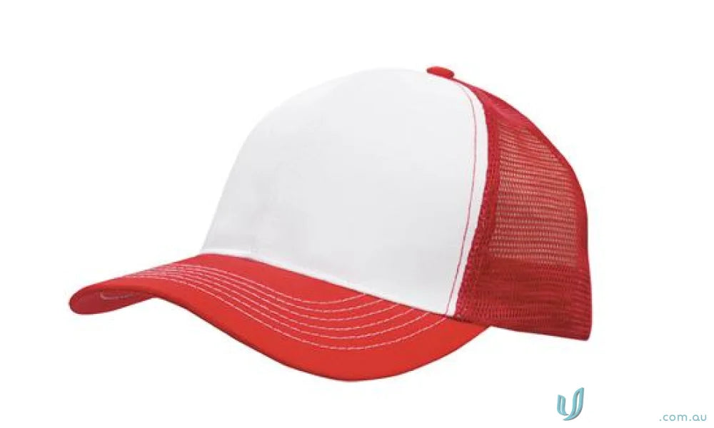 Red and white trucker hat from Breathable Poly Twill With Mesh Back, perfect for workwear FAQs