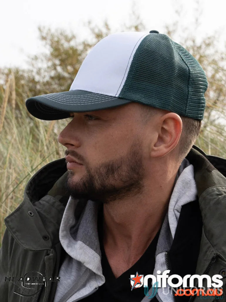 Two-tone baseball cap made with breathable poly twill and mesh back for uniforms workwear