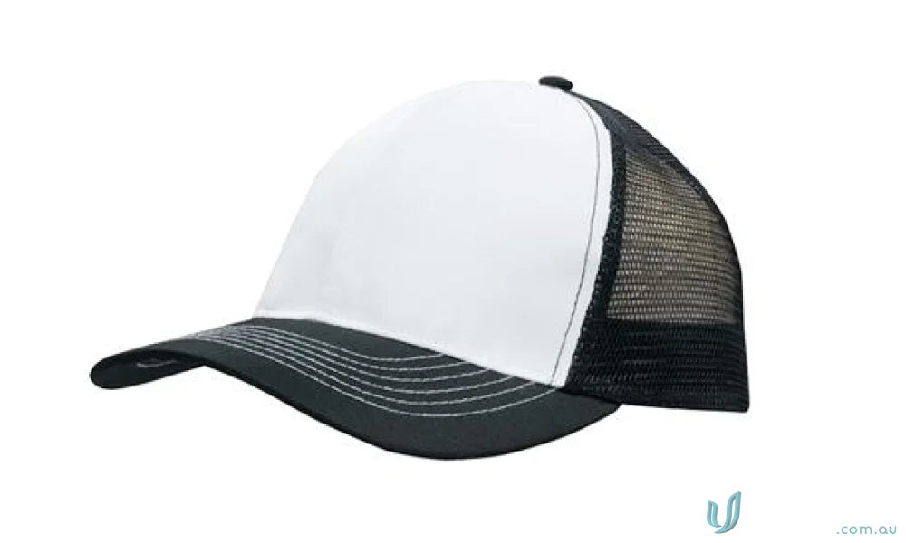 White and black trucker hat from Breathable Poly Twill with Mesh Back, great for workwear and uniforms