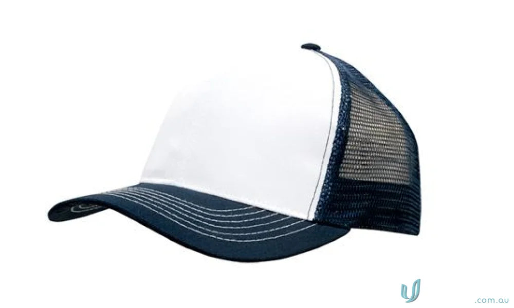 White and navy blue trucker hat made with breathable poly twill and mesh back for workwear