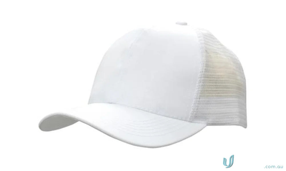 White trucker hat from Breathable Poly Twill With Mesh Back, perfect for workwear and uniforms