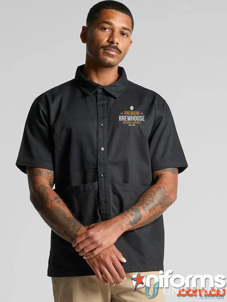 Black short-sleeved work shirt from Brewery Shirt, perfect for workwear or uniforms