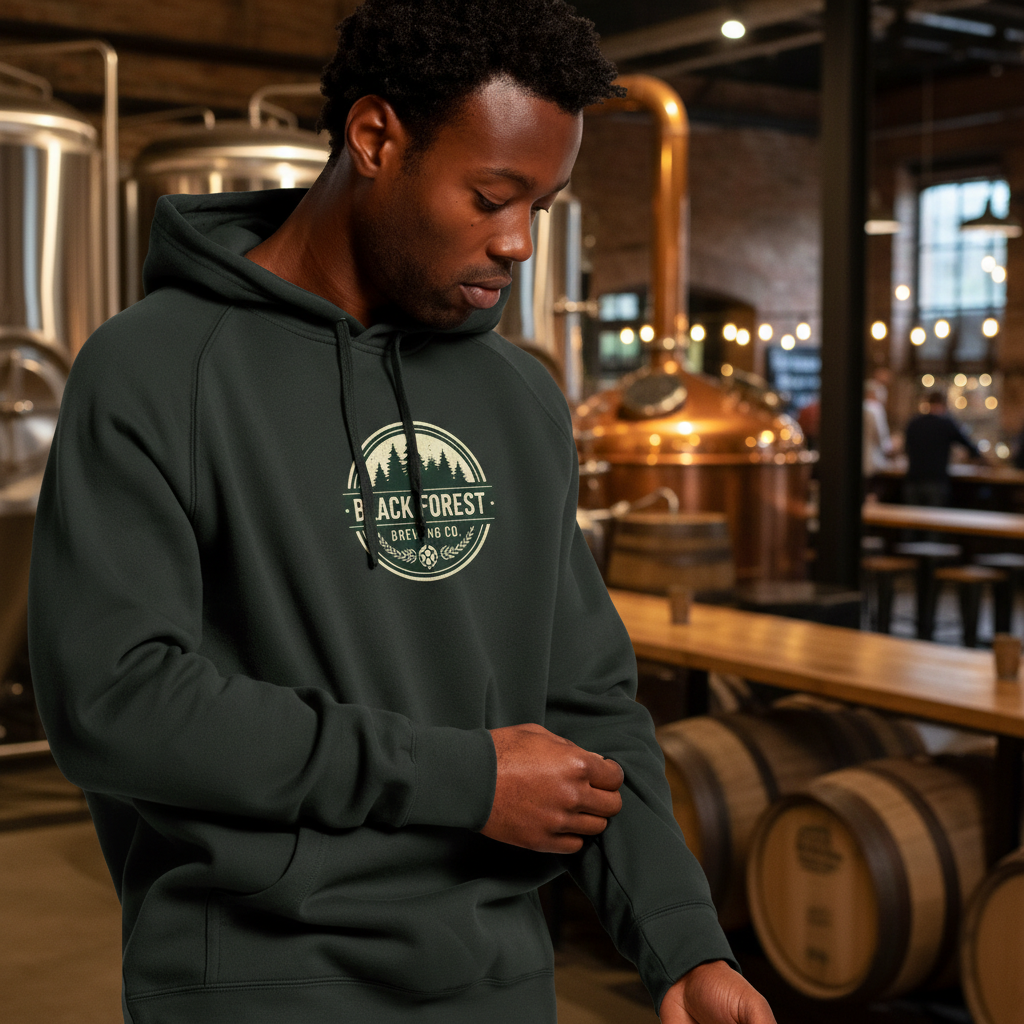 Person wearing a dark green hoodie with a logo in a brewery setting