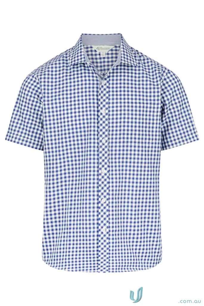 Blue and white checkered Brighton Lady Shirt 3/4 Sleeve, perfect for workwear or uniforms