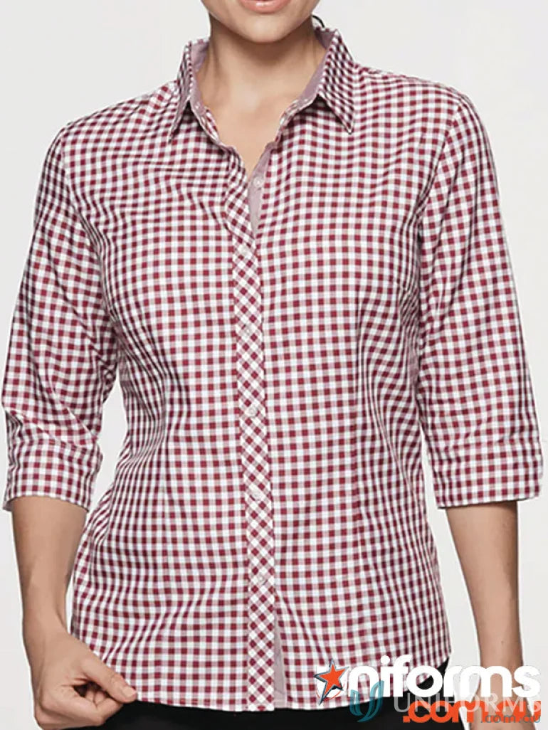 Burgundy and white checkered blouse ideal for work uniforms or casual workwear
