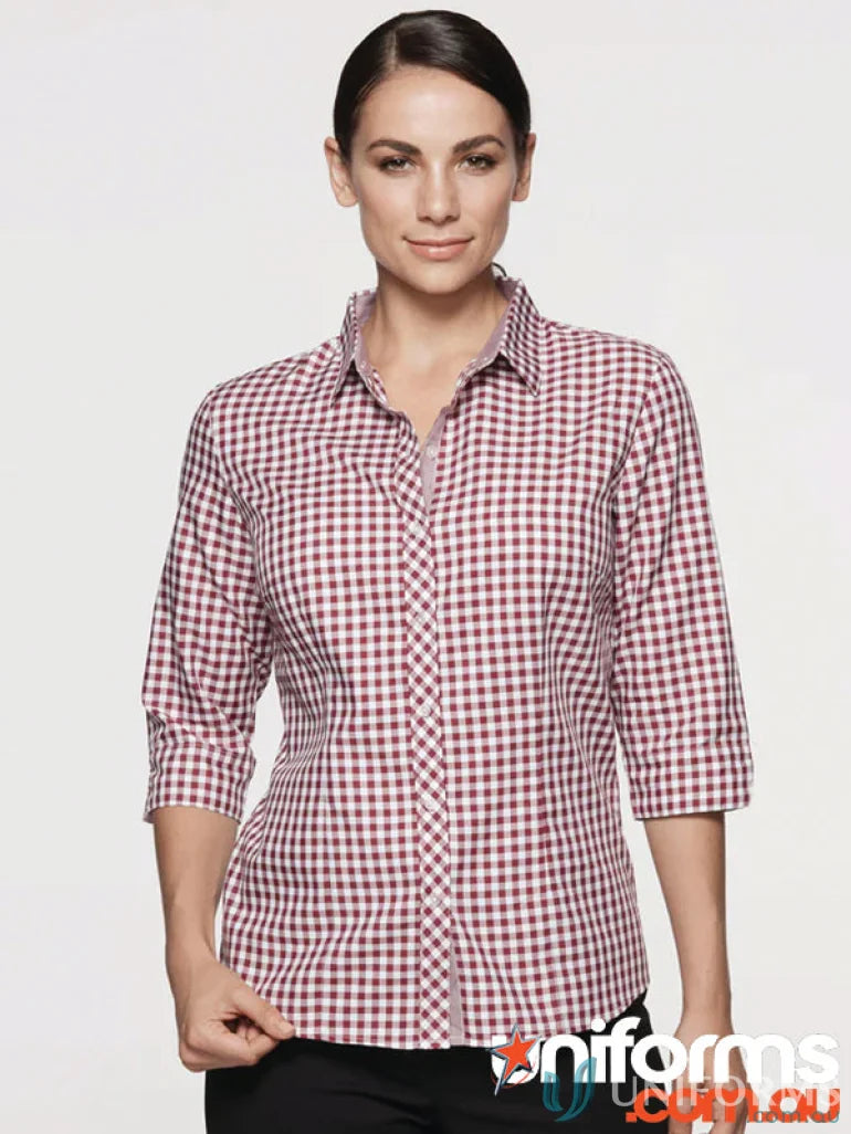 Burgundy and white checkered blouse ideal for workwear and work uniforms in Brighton Lady Shirt
