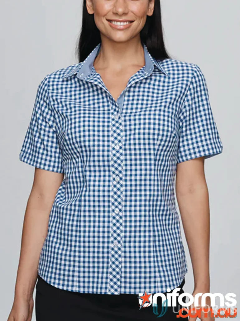 Brighton Lady Shirt in blue and white checkered for work uniforms or everyday style