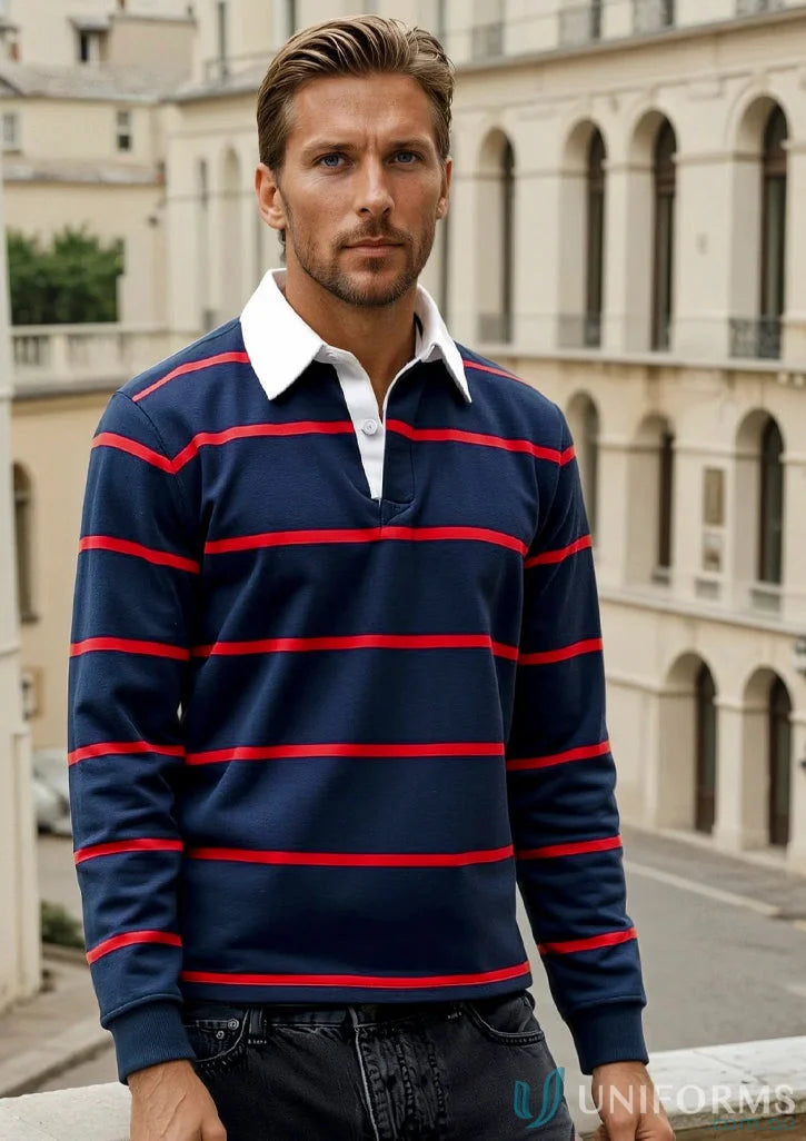Brighton Yarn Dyed Rugby Jumper with striped long sleeves showcasing jb’s yarn dyed style