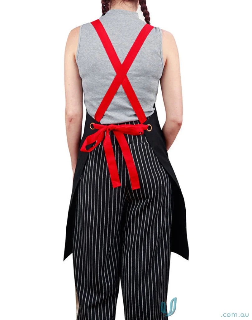 Black apron with red straps, Brunswick Bib Apron, part of functional workwear collection
