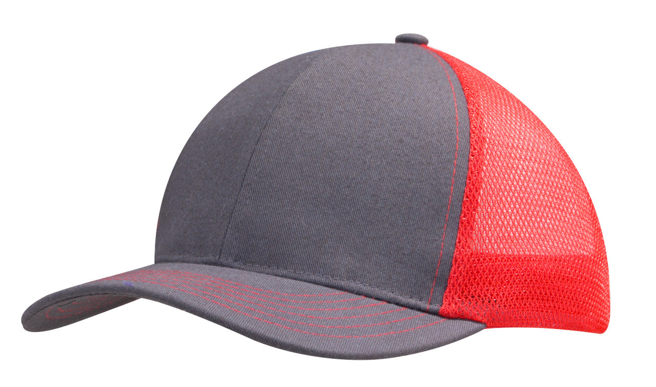 Gray red trucker cap with mesh back, brushed cotton workwear uniforms