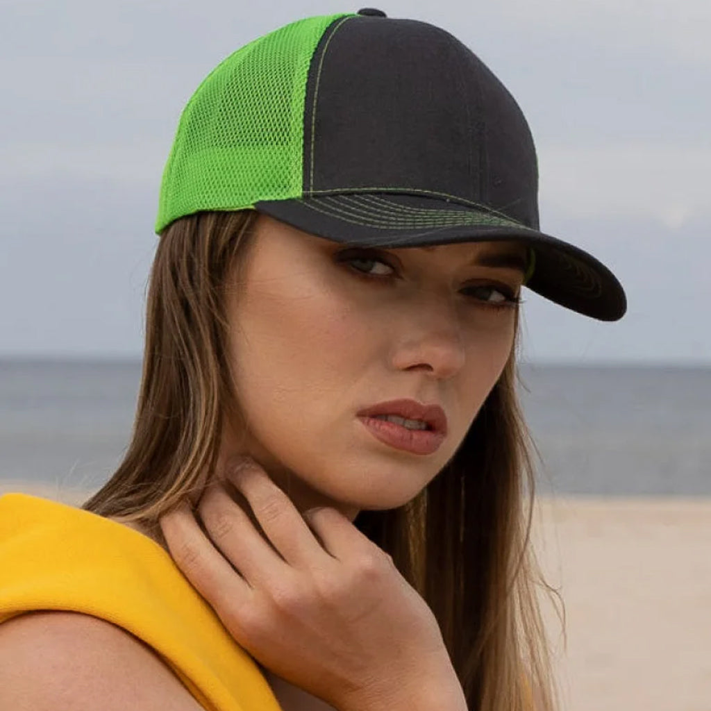 Black neon green trucker hat with mesh back, brushed cotton workwear cap