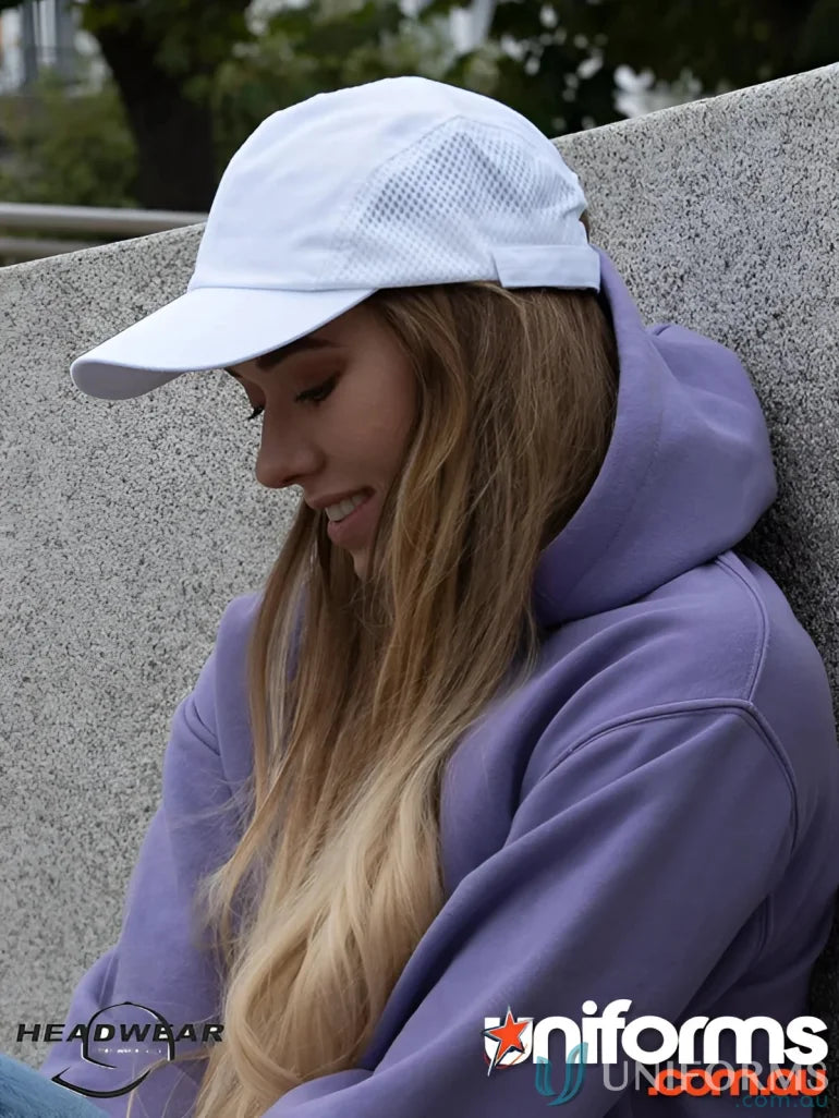 White mesh baseball cap from Brushed Cotton Running Cap, perfect for workwear/faqs link