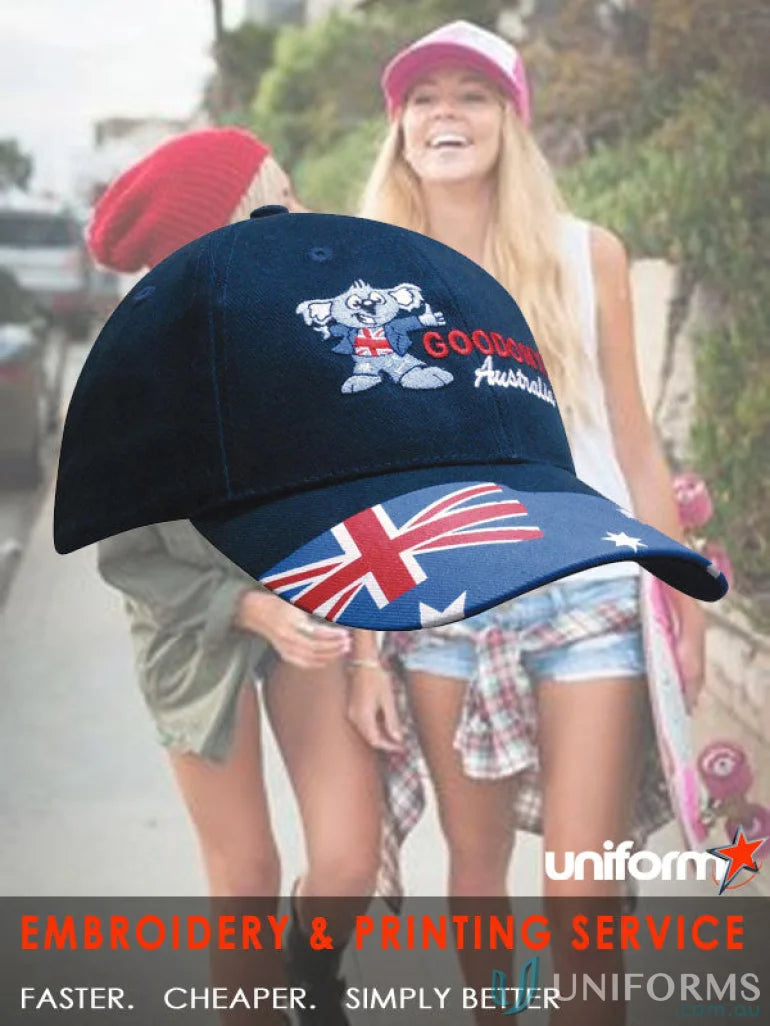 Brushed cotton waving flag cap with kangaroo and Australia flag
