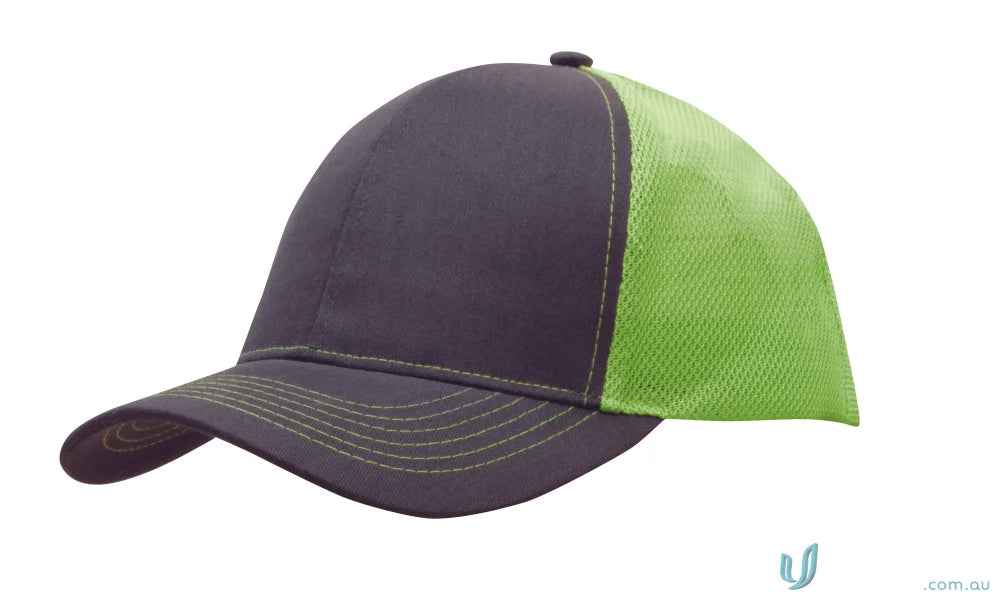 Two-tone baseball cap with dark grey front and bright green mesh back for workwear or uniforms