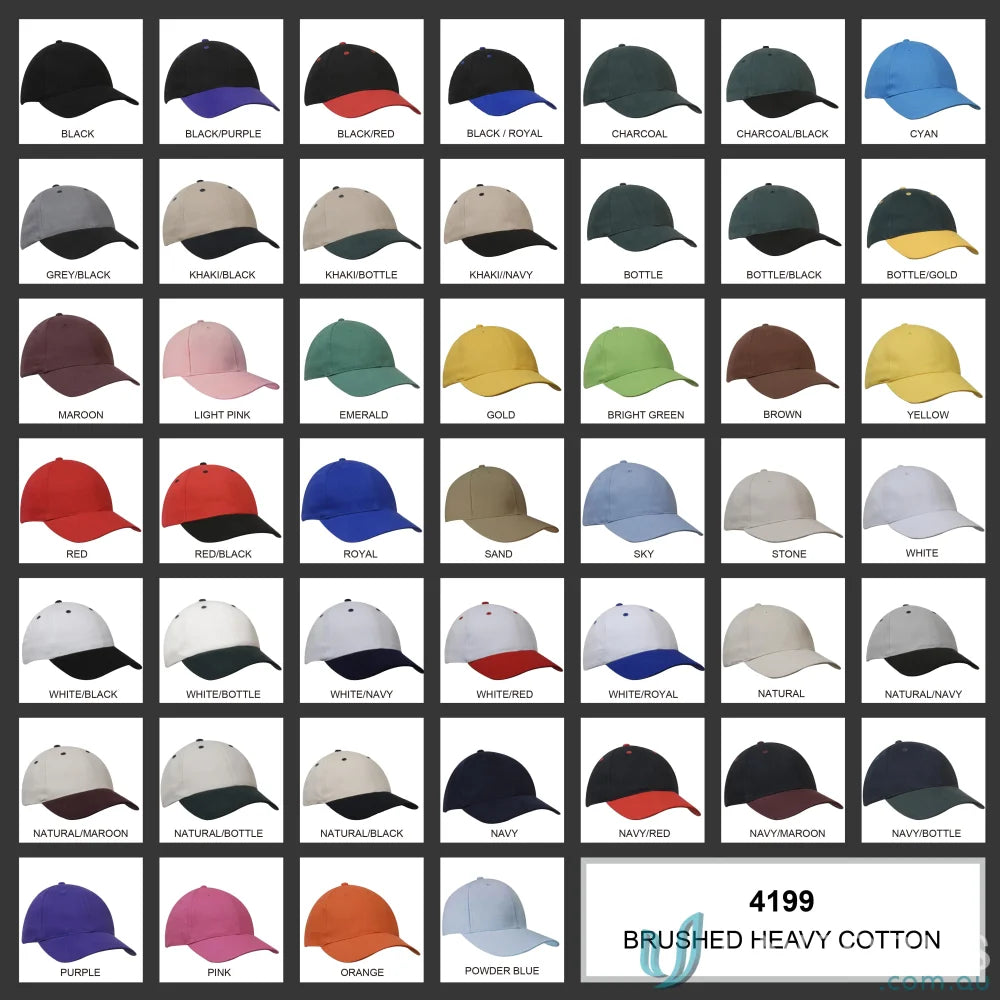 Assorted color heavy brushed cotton caps with contrasting peaks for a stylish look