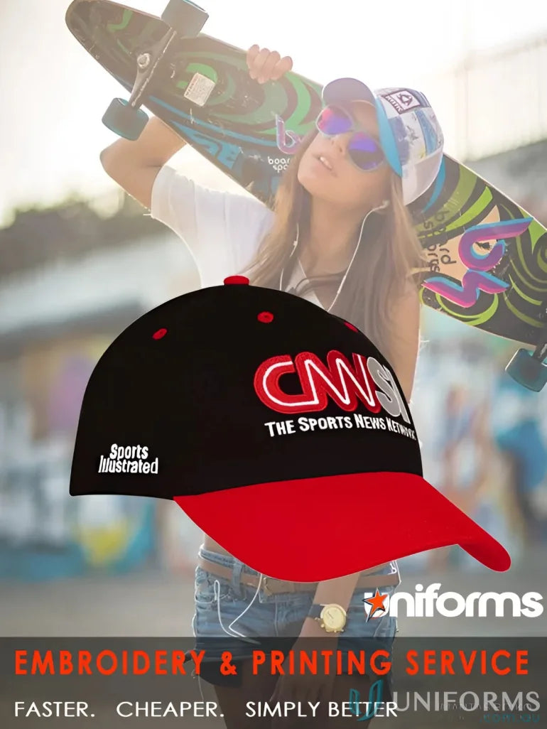 Black and red heavy brushed cotton cap with a contrasting peak for casual style