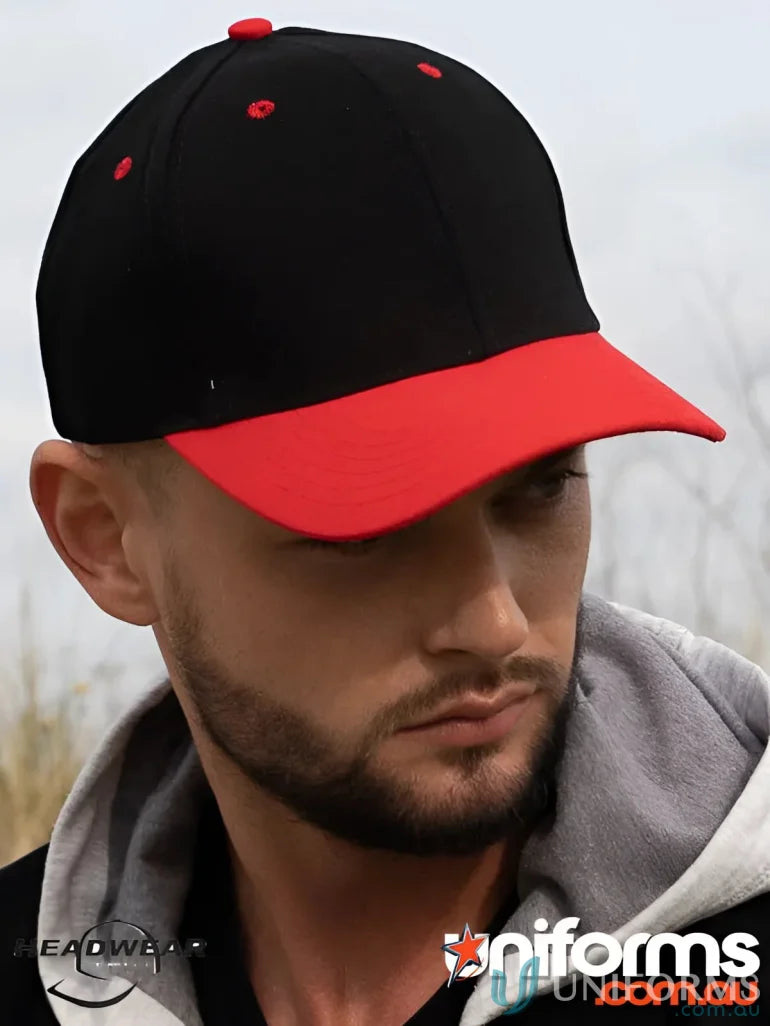 Black and red brushed cotton cap with contrasting peak and heavy brushed cotton feel