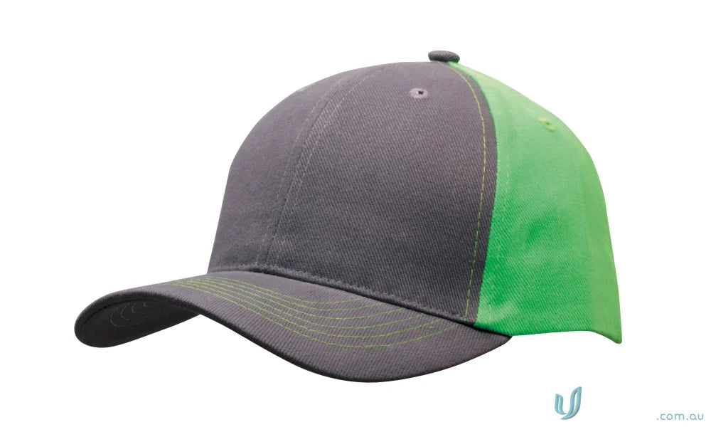 Two-tone Brushed Heavy Cotton Contrast Cap in dark gray and bright green for uniforms and workwear