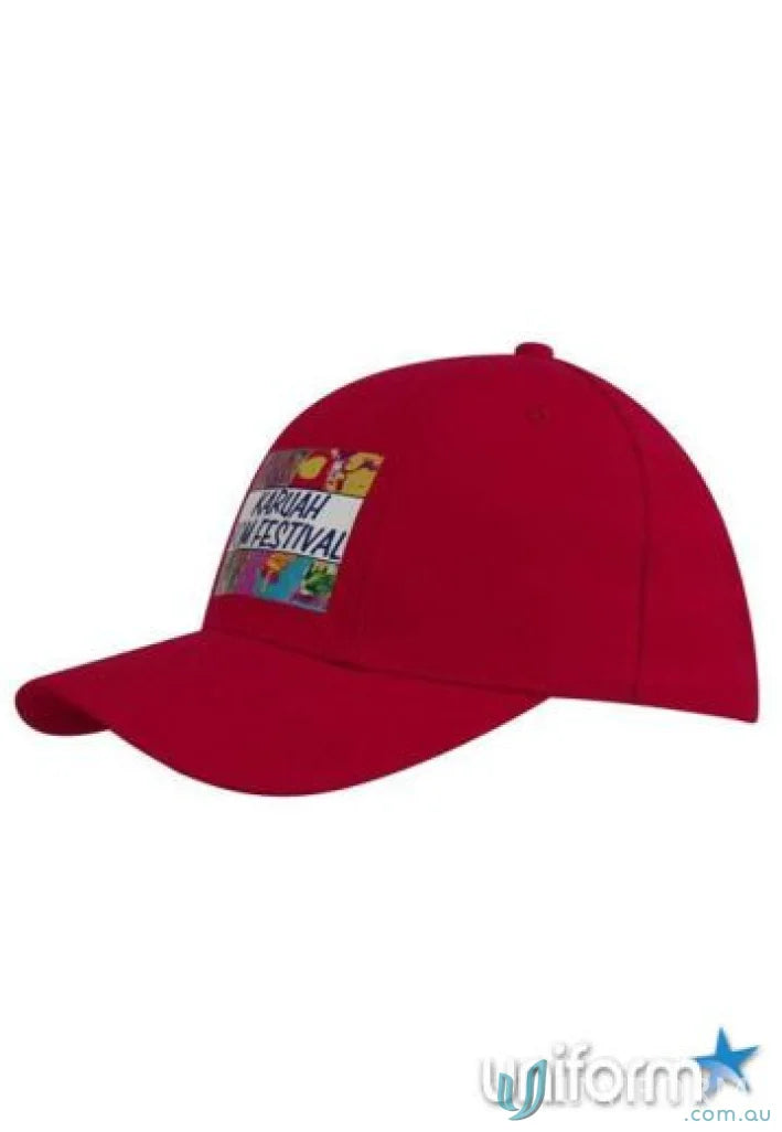 Red baseball cap with colorful rectangular logo made from brushed heavy cotton fabric