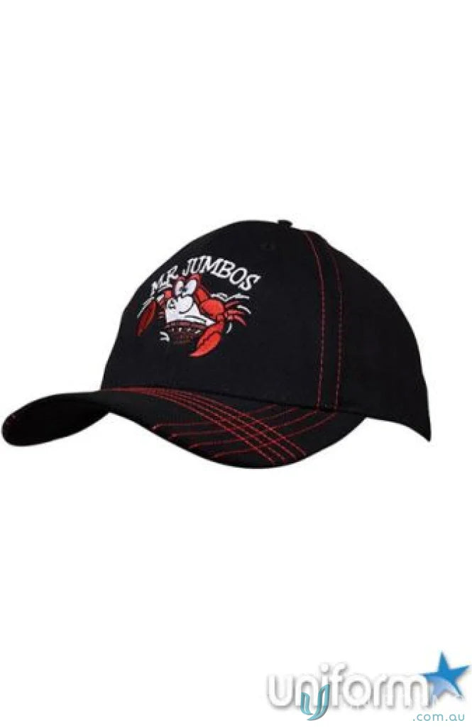 Black baseball cap made of brushed heavy cotton with red crab design and stitching