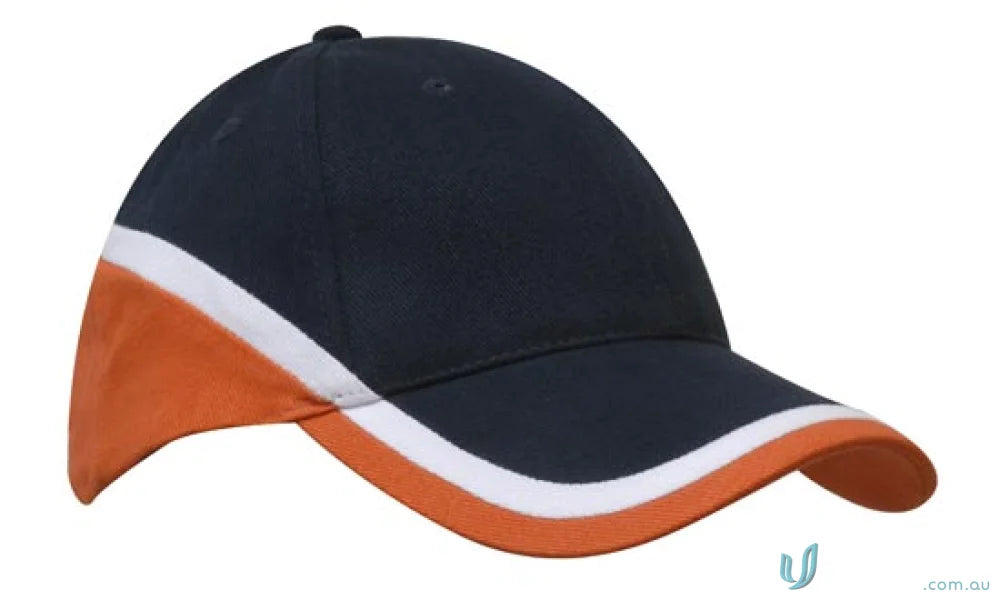 Brushed heavy cotton navy blue baseball cap with orange bill and white stripe accents