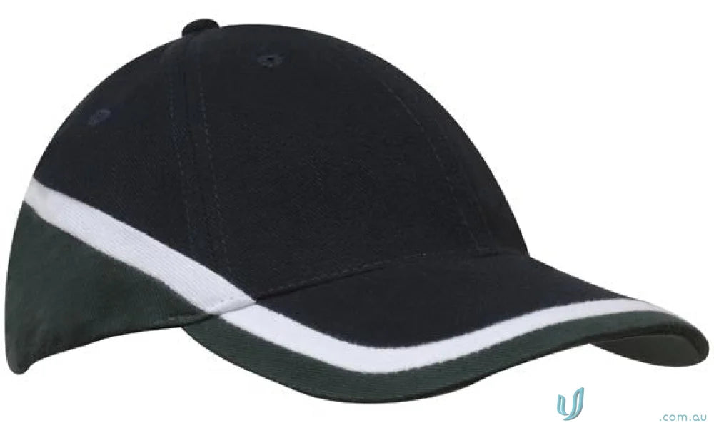 Brushed heavy cotton tri-coloured cap with black, white stripe, and dark green panels