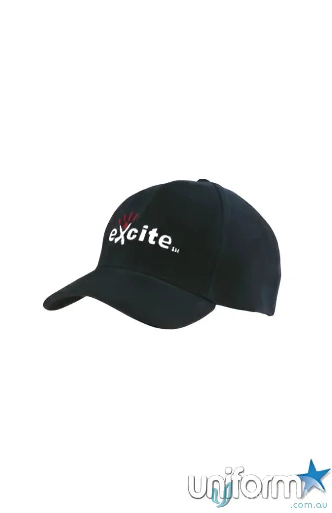Black baseball cap with excite logo and built-in bottle opener, perfect for workwear