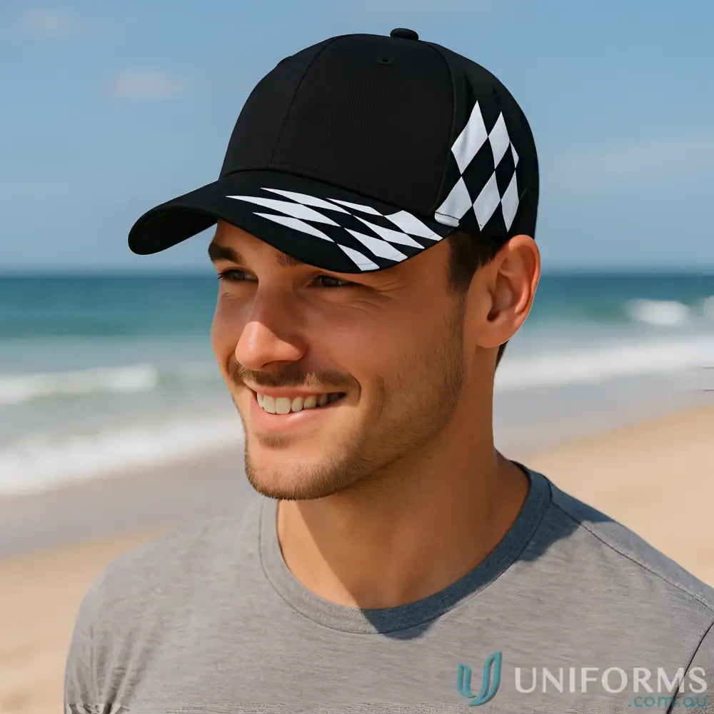 Black checks baseball cap made of brushed heavy cotton with white checkerboard details