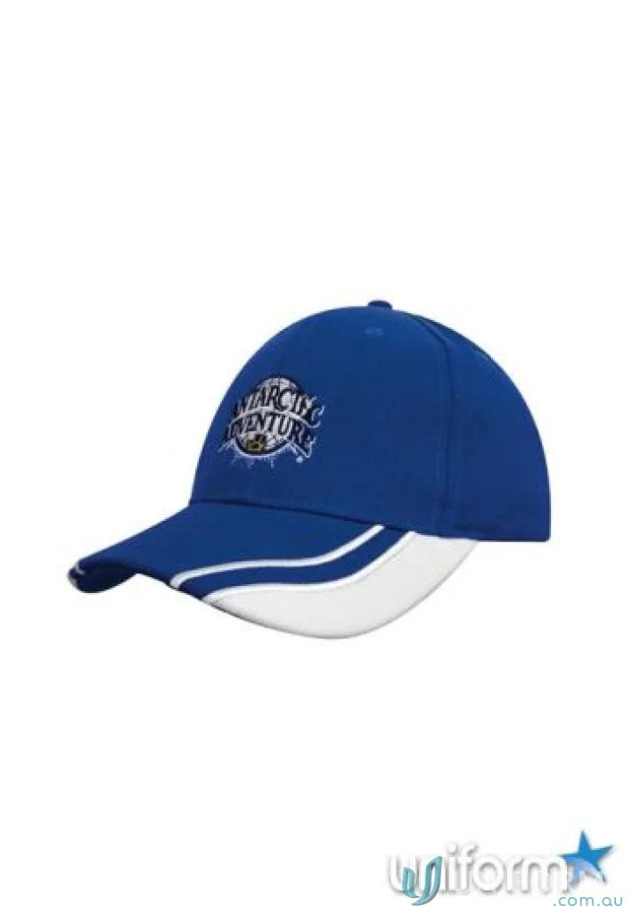 Blue and white baseball cap with MARCHING ADVENTURE logo, curved peak, perfect workwear