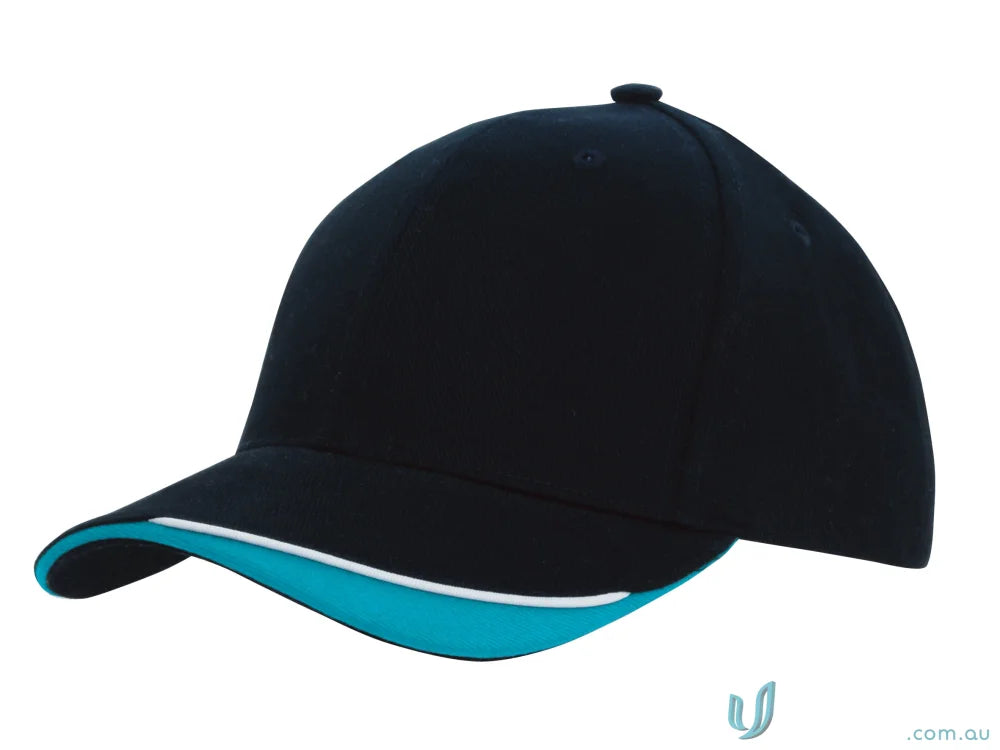 Black baseball cap with turquoise brim from Brushed Heavy Cotton high stock range