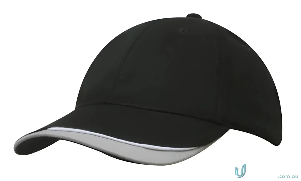 Black baseball cap with silver contour trim and brushed heavy sports twill fabric