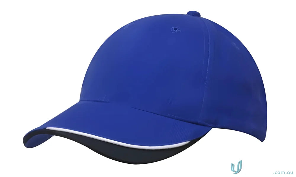 Blue baseball cap with white trim in brushed heavy sports twill with contour trim