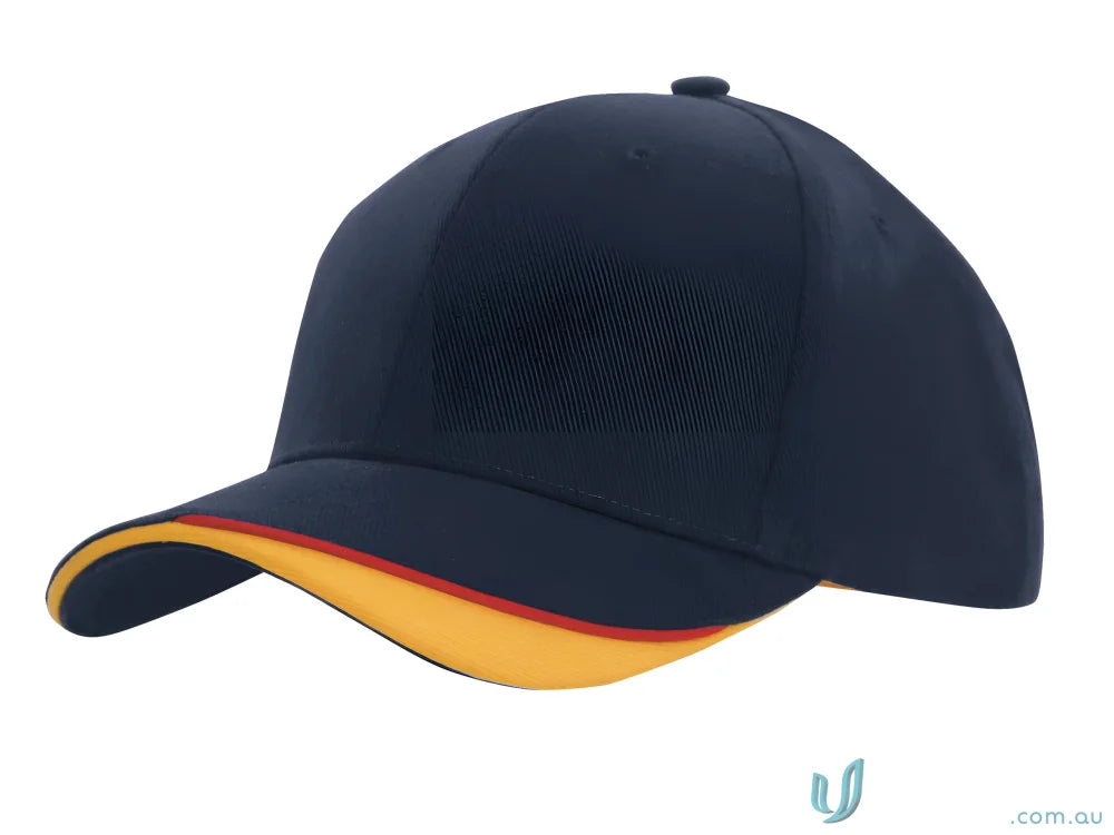 Navy and gold baseball cap with brushed heavy sports twill and contour trim