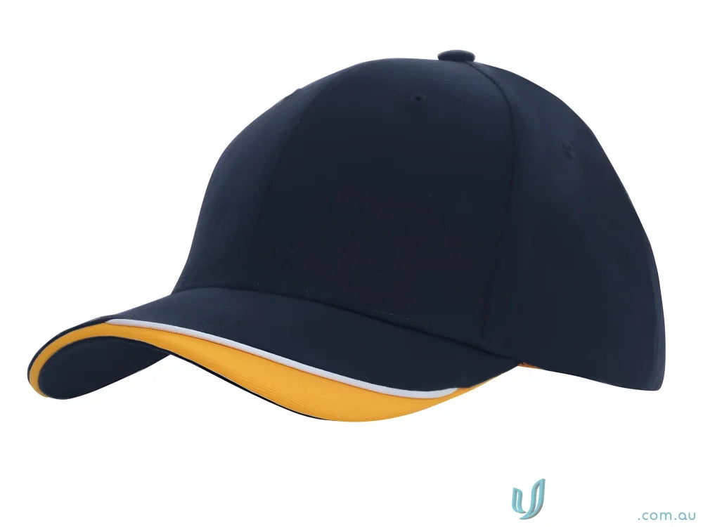 Navy and gold baseball cap in brushed heavy sports cotton with contour trim
