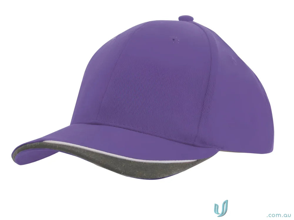 Purple baseball cap with gray brim in brushed heavy sports twill and contour trim